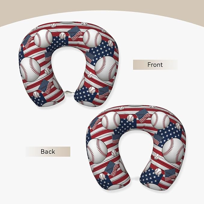 Travel Pillow Chin Neck Support, Comfortable Airplane Car Pillows for Rest, Memory Foam U Shaped Office Home Nap Sleeping Cushion Rustic Wooden American Flag Baseball Sport