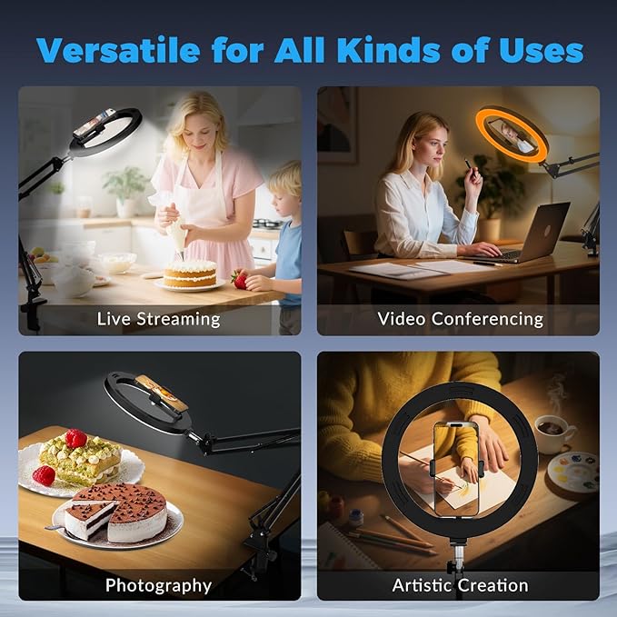 10" Overhead Ring Light with Phone Mount, Upgraded 360° Ring Light with Stand, 3 Color Modes for Video Recording, TikTok, YouTube, Cooking & Zoom, Camera, Universal for iPhone/Android