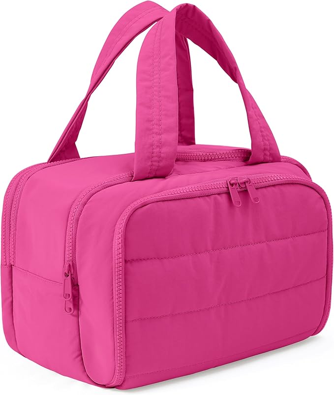 Travel Toiletry Bag for Women, Large Wide-open Puffy Cosmetic Makeup Bag with Wet-Dry Separation, Multi-Pocket Organizer with Carry Handle for Toiletries, Cosmetics, Essentials, Rose Red