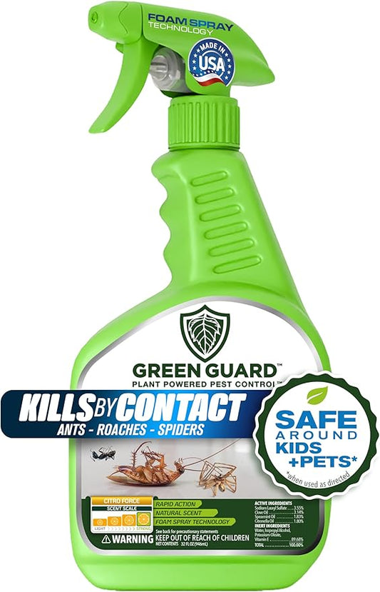 Green Guard Pest Control Spray - Indoor & Outdoor Killer of Ants, Roaches, Spiders & Other Crawling Insects, Safe Around Children & Pets, Plant-Based, Pleasant Scent (Citro Force, 32oz)