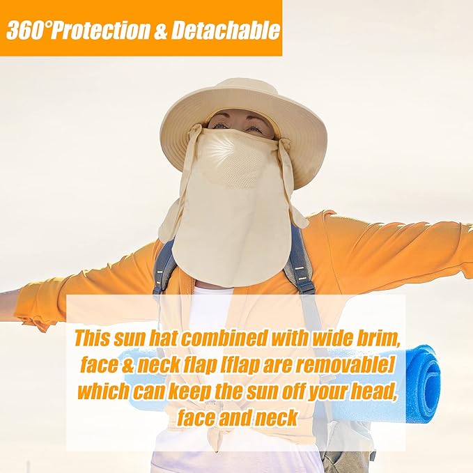 Fishing Hat for Men & Women, Outdoor UV Sun Protection Wide Brim Hat with Face Cover & Neck Flap