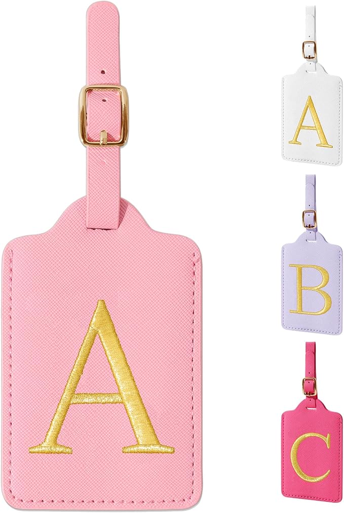 Personalized Initial Luggage Tags for Suitcase, Pink Leather Cute Luggage Tags with Privacy Cover Name Card, Embroidered Custom Monogrammed Luggage Tag Travel Bag Baggage Tags Gifts for Women Kids(A)