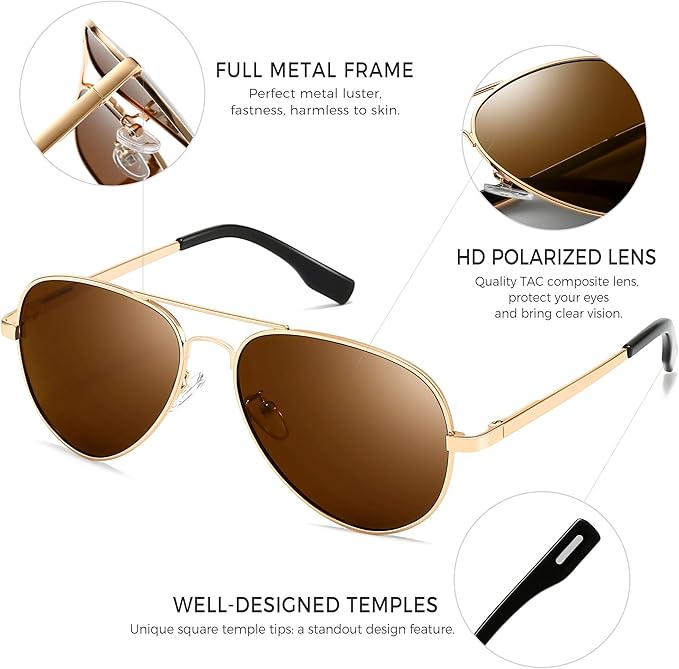 SUNGAIT Classic Aviator Sunglasses for Men Women Polarized UV400 Protection Vintage Retro Chic