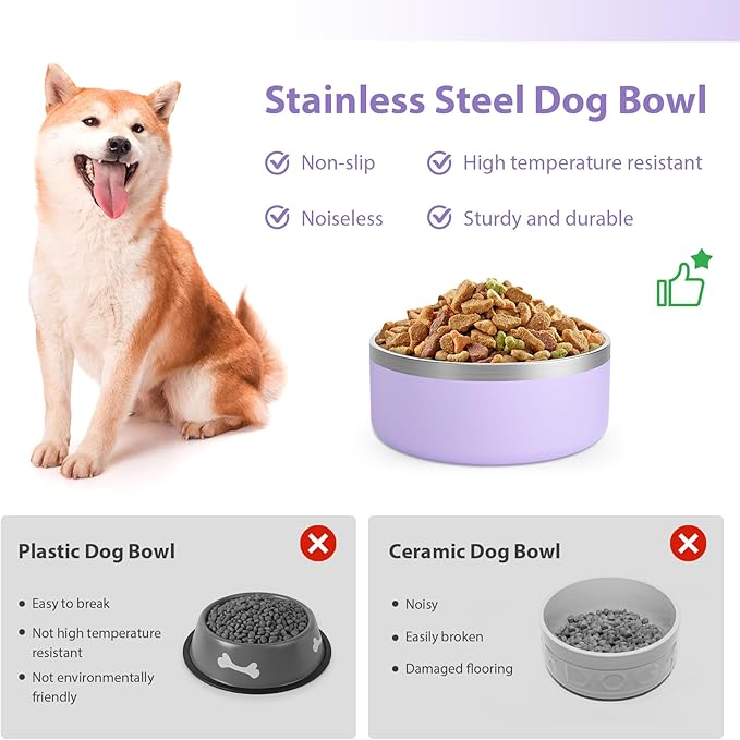 Stainless Steel Dog Bowls, Metal Dog Bowls, Water Bowl for Dogs, Dog Food Bowls, Pet Bowls for Dogs, Dog Dish for Large Dogs, Insulated Dog Bowl, Non Slip Dog Bowl,Easy Clean,64oz,LightPurple