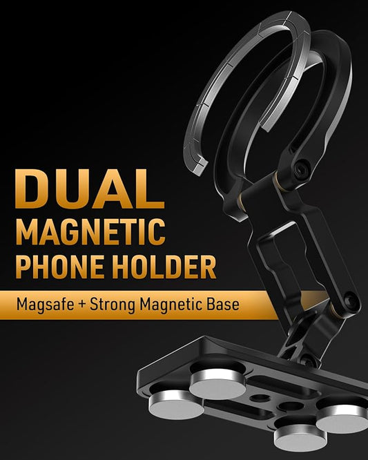 Dual Magnetic Phone Holder Gym Magnetic Stand,Tripod Phone Mount (1/4'' Hole& ARCA-Swiss),Portable Phone Grip for iPhone 12/13/14/15/16/17-Desk/Car/Gym/Golf Cart/Airplane Use Stand (Black)