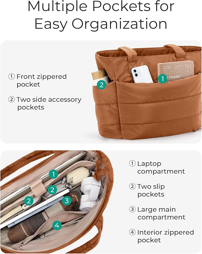 BAGSMART Tote Bag for Women, Lightweight Puffy Tote Bag with Compartments Shoulder Bag Handbag for Travel, Work, Gym
