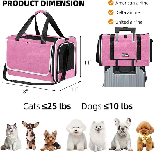 Top Loading Medium Cat Carrier with Privacy Curtain, Delta Approved TSA Pet Travel Crate Suitcase Luggage Sleeve, Soft-Sided Dog Kennel Bag 18x11x11 United Airline Approved Under Seat Pink