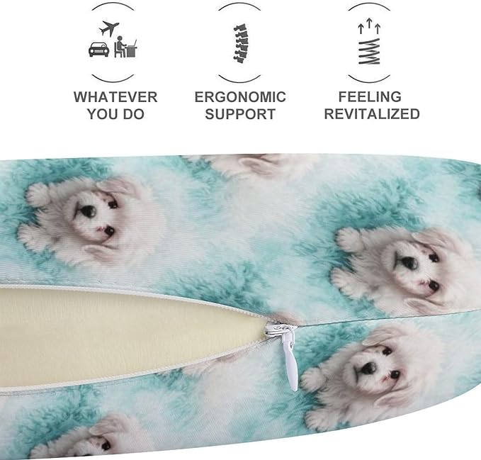 Fashion Travel Pillow Memory Foam Chin Head Support Cute Animal Maltese Art, Breathable Washable Cover for Women Men Airplane Car Decor