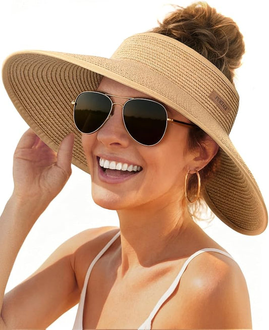 FURTALK Sun Hats for Women Wide Brim Beach Hat Straw Visor Ponytail Summer UV Packable Foldable Beach Vacation Essentials
