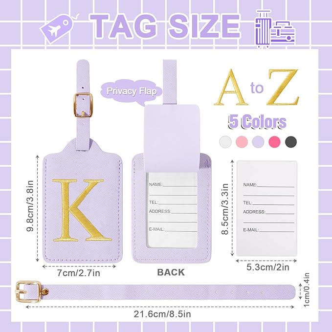 Personalized Initial Luggage Tags for Suitcase, Purple Leather Cute Luggage Tags with Privacy Cover Name Card, Embroidered Custom Monogrammed Luggage Tag Travel Backpack Tags Gifts for Women Kids(K)