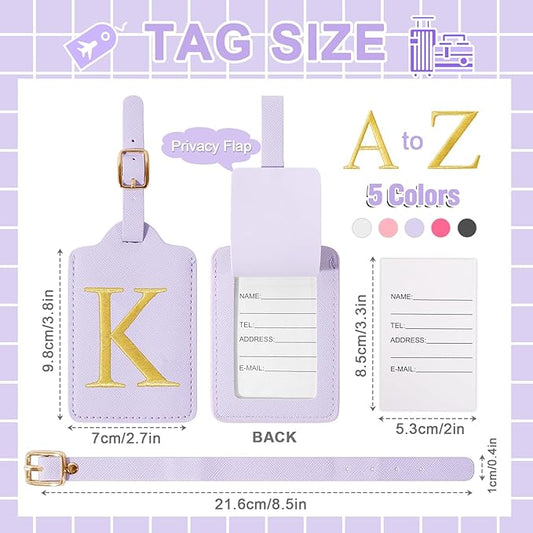 Personalized Initial Luggage Tags for Suitcase, Purple Leather Cute Luggage Tags with Privacy Cover Name Card, Embroidered Custom Monogrammed Luggage Tag Travel Backpack Tags Gifts for Women Kids(K)