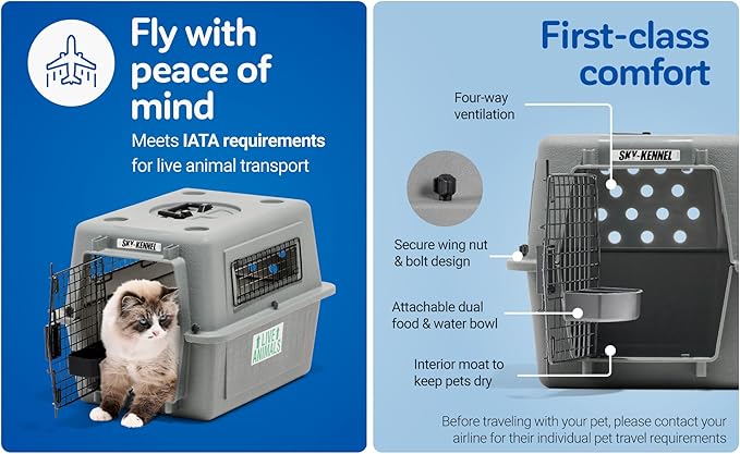 Petmate Sky Kennel For Air and Travel Airline Compliant Dog Crate for Smaller Dog Breeds or Pets up to 15 lbs, Heavy Duty Dog Kennel, Made in the USA- 21" L