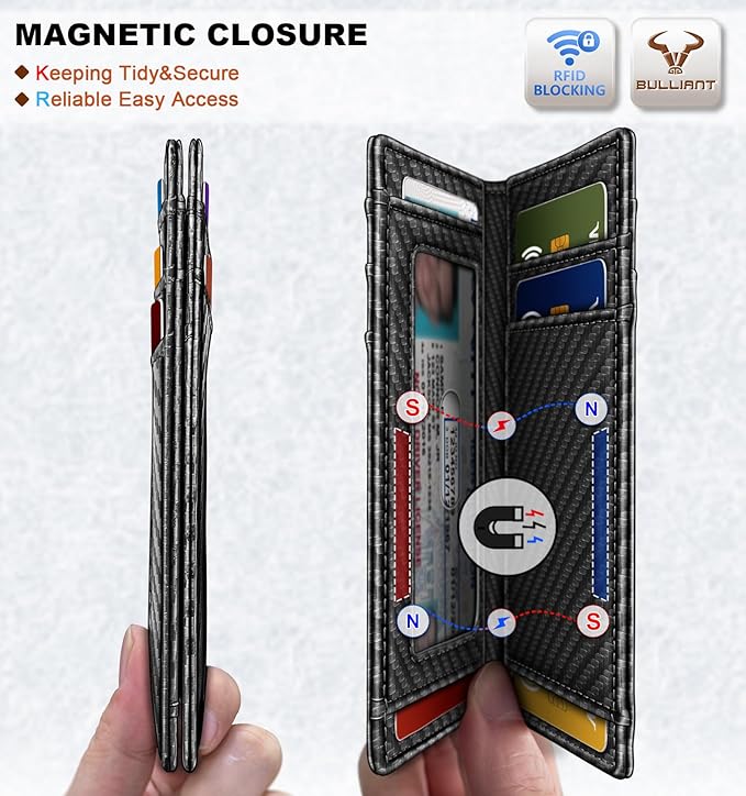 BULLIANT Slim Wallet For Men 12Cards,Magnetic Flip Build-in Money Clip Airtag Compatible-RFID Blocking