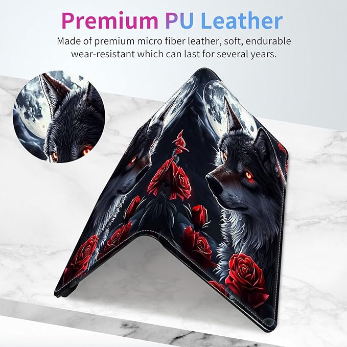 Car Registration and Insurance Holder,Leather Insurance License and Registration Card Holder for Car Glove Box, Auto Truck Document Holder Organizer for Men Women-Wolf with Moon Red Rose