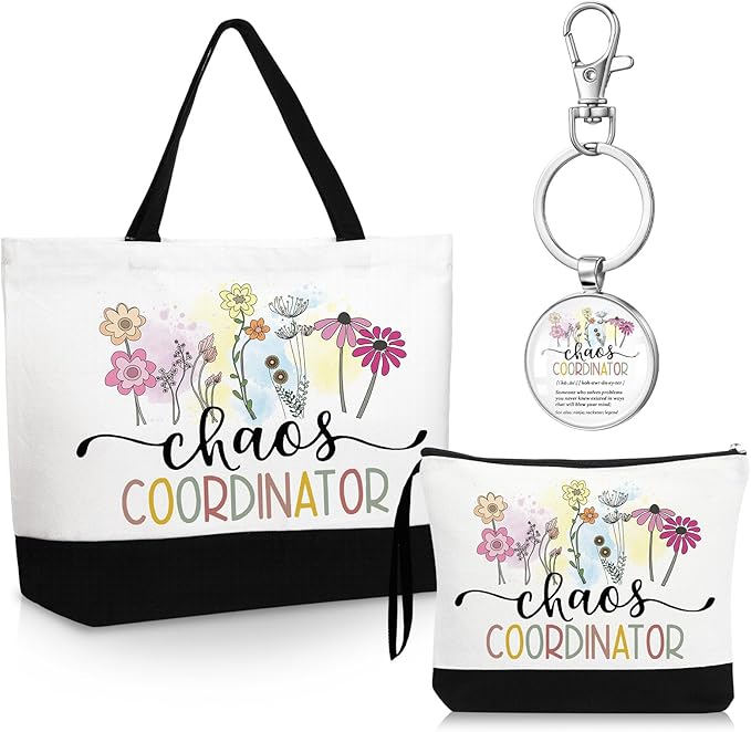 Kacctyen 3 Pcs Chaos Coordinator Gifts Fine Canvas Tote Bag Makeup Cosmetic Bag Chaos Coordinator Appreciation Keychains Gifts for Female Women Birthday