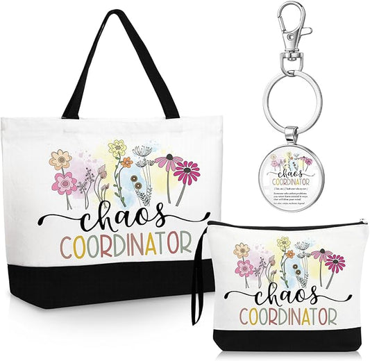 Kacctyen 3 Pcs Chaos Coordinator Gifts Fine Canvas Tote Bag Makeup Cosmetic Bag Chaos Coordinator Appreciation Keychains Gifts for Female Women Birthday