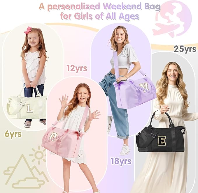 Dance Gym Duffel Bag for Teen Girls, Personalized Initial Travel Weekender Bag,Cute Overnight Carry On Duffle for Women,Sports Travel Cheer Bag,Monogram Christmas Gifts for Tween Preppy(purple-V)