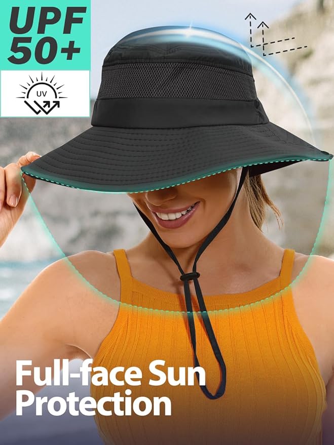 Sun Bucket Beach Hats for Women with Ponytail Hole,Sun Protection UV UPF50+ Waterproof Fishing Safari Hiking Hat