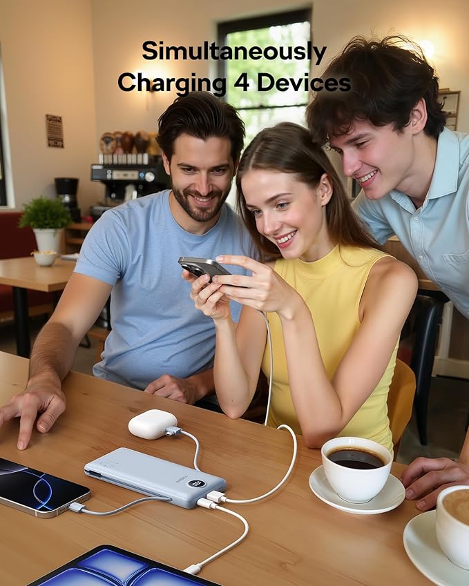 VEGER AC Wall Plug Portable Charger, 10000mah Slim Portable Charger Built in Cables, USB C Power Bank 15W Fast Charging, Travel Essential Battery Pack Compatible with iPhone, Android and More(Blue)