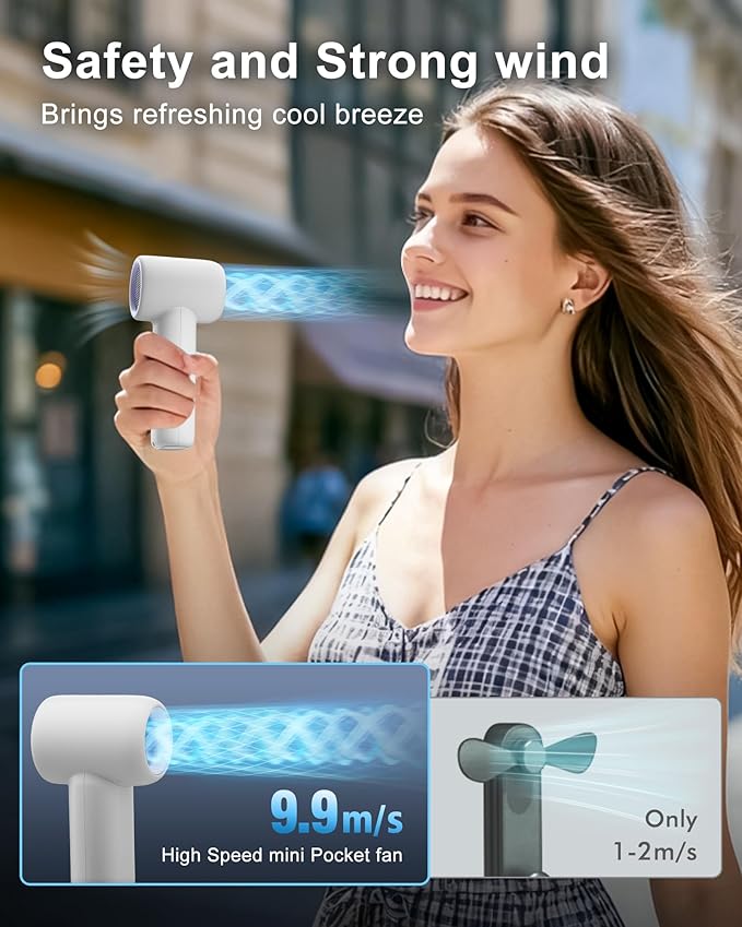WHATOOK Mini Pocket Fan Portable Handheld Fans,3000mah Small Rechargeable Turbo Personal Fan Travel Essential Outdoor Activities Beach Vacations Camping Gifts for Women face makeup skincare (White)