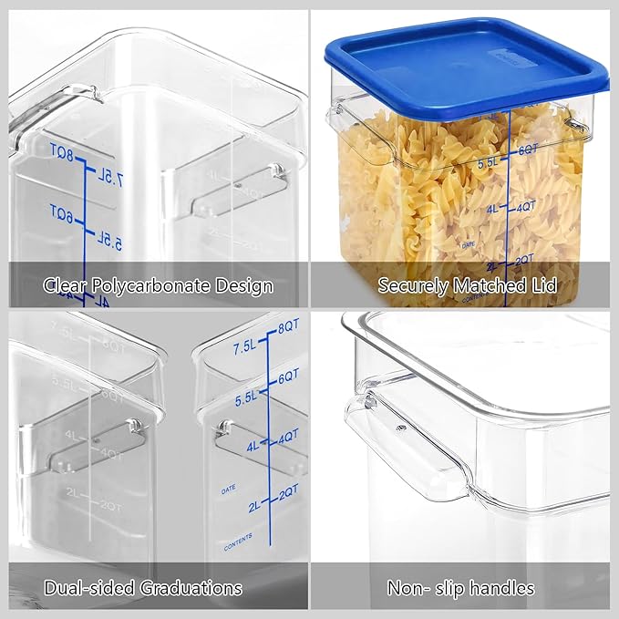 TSUBOR 4 Pack Food Storage Containers with Blue Lids, 8.0 Qt - Square, Clear, Polycarbonate, for Restaurant Commercial Kitchen and Home party