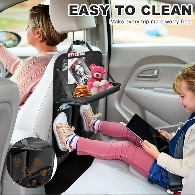 2Pack Car Backseat Organizer with Foldable Table Tray,6 Storage Pockets Car Storage Organizer with Tablet Holder,Car Seat Back Protectors Kick Mats Travel Accessories (Black)