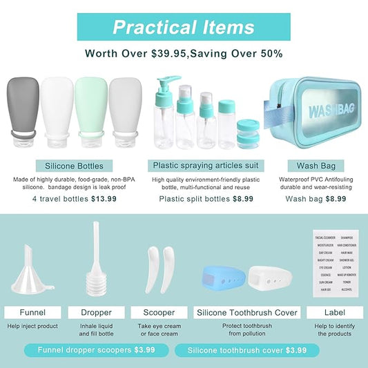18 Pcs Travel Bottles Set for Toiletries, TSA Approved Travel Size Containers with Bandage Silicone Squeezable for Shampoo Conditioner Lotion Body Wash (Multicolour+Blue Bag)
