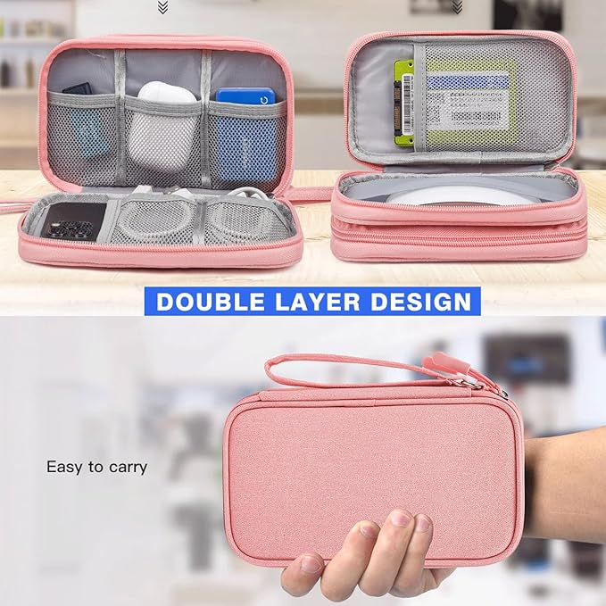 Electronic Cable Organizer Bag, Travel Electronic Accessories Carry Case Portable Waterproof Double Layers Storage Bag for Cable, Cord, Charger, Power Bank, Earphone (Light Pink, Medium)
