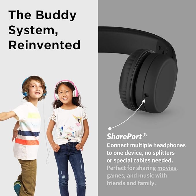 LilGadgets Connect+ Foldable Headphones, Adjustable Fit Soft Touch Padding for Kids with Mic, Volume-Limited & Noise Reduction On-Ear Wired Headset for School with SharePort - Black, Ages 3-14