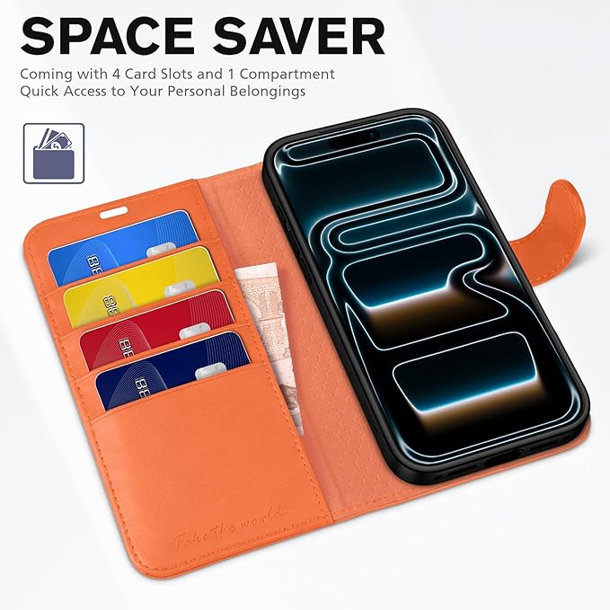 TUCCH Wallet Case for iPhone 17 Pro (6.3") 2025, 4 Card Holders, RFID Blocking, Stand, Shockproof TPU Shell, PU Leather, Magnetic Closure, Protective Flip Folio Cover, Orange