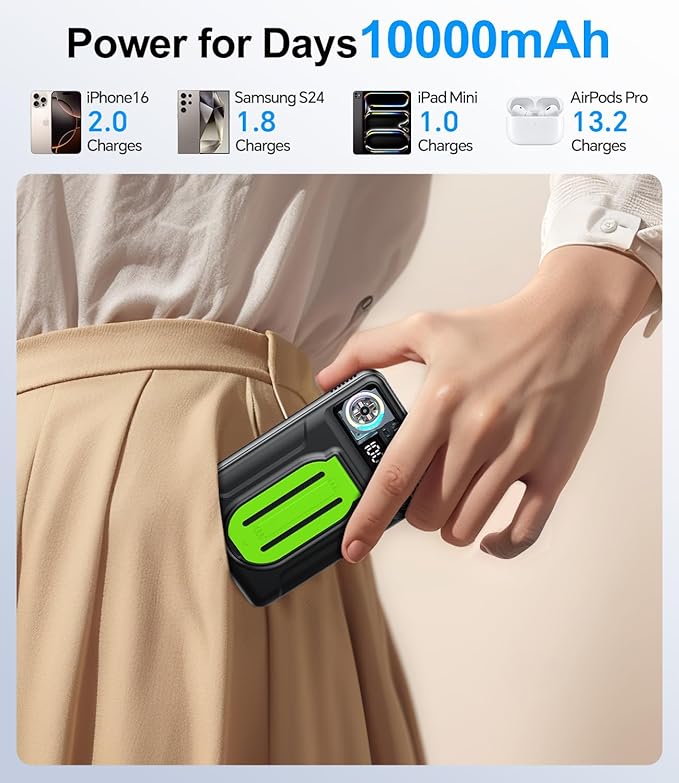 Magnetic Power Bank 10000mAh,Foldable Wireless Portable Charger with Fan Active Cooling System,Fast Charging Battery Pack,Compatible with iPhone 16/15/14/13/12 Pro/Pro Max/Plus/Mini