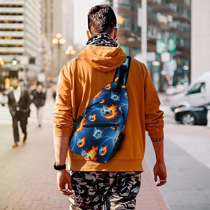 SWEET TANG Men's Crossbody Bag Anti Theft Shoulder Backpack, Funny and Chest Bags Soccer Sports Ball Blue Flame Football for Fishing Cycling Hiking, Lightweight and Large Capacity