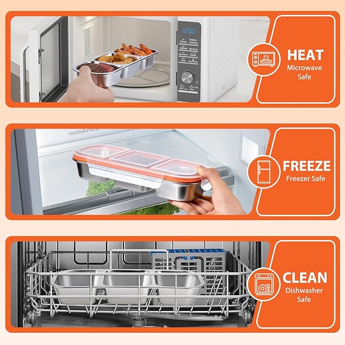 Etvski Stainless Steel Snack Box Container - 2 Pack Bento Box for Kids & Adults, 3 Compartment Leak-Proof Snack Containers with Lids（3Org+3Org）