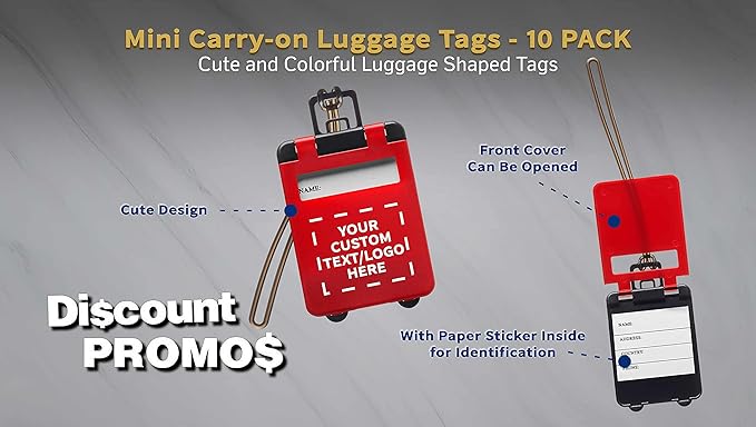 10 Mini Carry-on Luggage Tags Pack - Customizable Text, Logo - Flip Open Cover, ID Sticker - Red