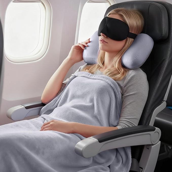 4-in-1 Travel Pillow & Blanket Set with Eye Mask, Memory Foam Neck Support, 50x65 Inch Blanket, Storage Bag for Airplane, Car, Train, Home Travel Grey