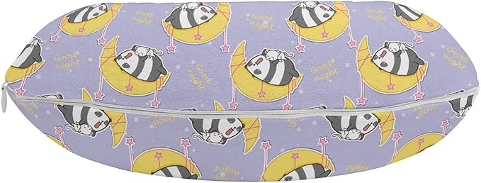 Ambesonne Saying Travel Pillow Neck Rest, Lazy Cat and Panda Sleeping on The Moon with Stars, Memory Foam Traveling Accessory for Airplane and Car, 12", Mustard Purple