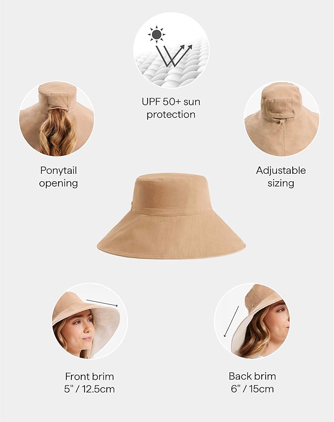 Solbari Women’s Ultra-Wide Cotton Linen Sun Hat UPF 50+, Packable, Adjustable with Ponytail Hole for Travel, Beach & Outdoors