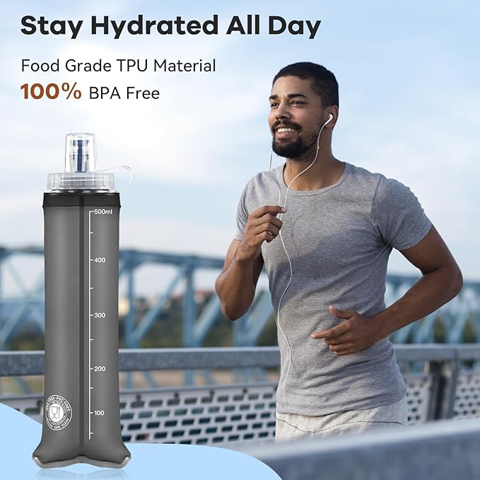 500ml Soft Flask 2Pack, TPU Collapsible Soft Water Bottle, 17oz Foldable TPU Bottles for Hydration Pack BPA-Free, Running Lightweight Water Bottle for Hiking Cycling Climbing Running