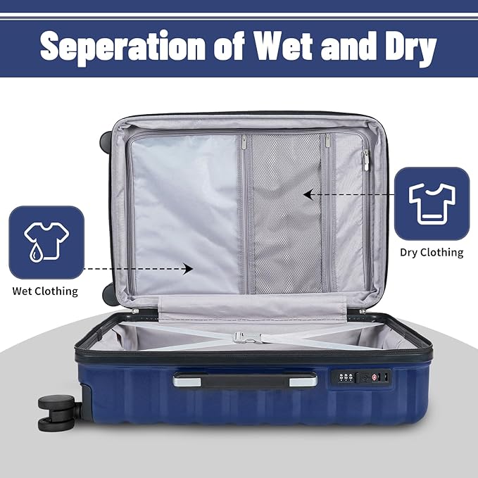 Lightweight Luggage with Spinner Wheels & YKK Zipper, 3-Piece Suitcase ABS+PC Hardside Hard Shell Luggage Sets with TSA Lock for Men, Dark Navy Blue (20+24+28 inch)