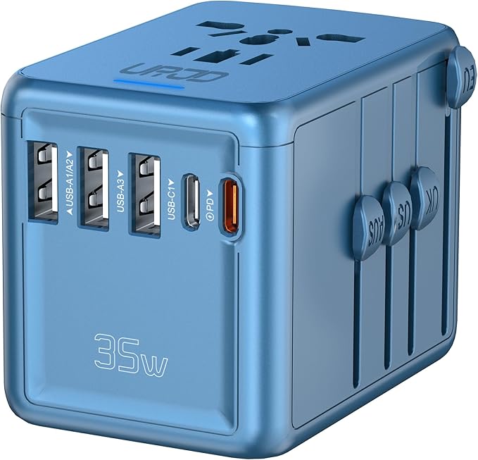 35W PD Universal Travel Adapter with 5 USB Ports and 2500W AC Outlets, PD Fast Charging International Plug Converter Travel Charger Multi Plugs All in One for EU US UK AUS 200+ Countries