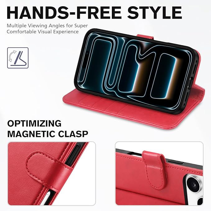 TUCCH Wallet Case for iPhone 17 Pro (6.3-Inch) 2025, RFID Blocking 4 Card Slots | Kickstand | Magnetic Closure | PU Leather | Shockproof TPU Shell | Protective Flip Folio Cover | Red