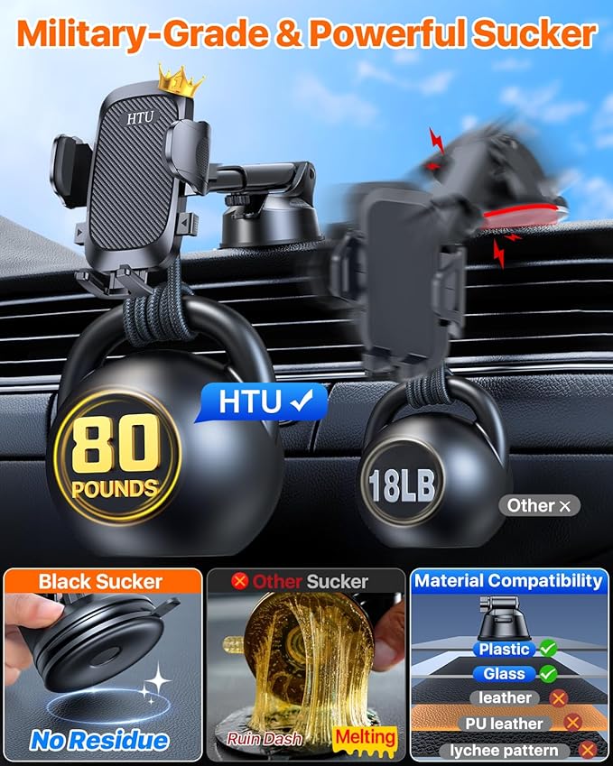 2025 Ultimate Car Phone Holder【80+LBS Strongest Suction & Military-Grade】 Universal Cell Phone Holder Truck Car Mount for Dashboard Windshield Air Vent for iPhone 17 16 Pro Max 15 Samsung 2pcs,Black