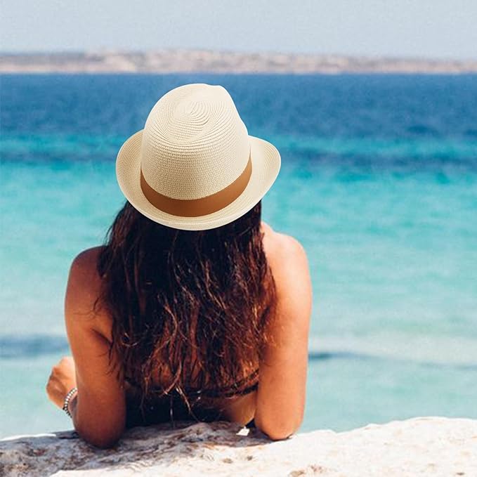 DRESHOW Women Straw Panama Hat Travel Fedora Beach Sun Hat Summer Wide Brim Straw Roll up Hat UPF 50+