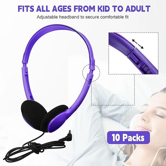Konohan 10 Pack Headphones Bulk Headphone for School Classroom Student Wired Headphones Adjustable with 3.5 mm Jack for Adults (Purple)