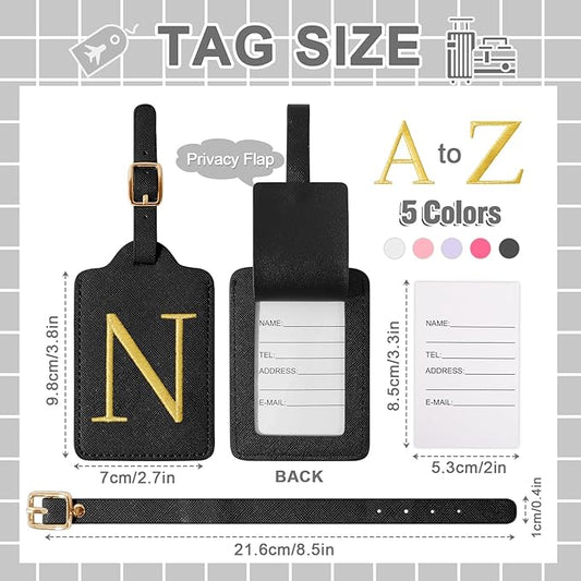 Personalized Initial Luggage Tags for Suitcase TSA Approved, Black Leather Cute Luggage Tag with Privacy Cover Name Card, Embroidered Custom Luggage Tags Travel Backpack Tags Gifts for Women Kids(N)
