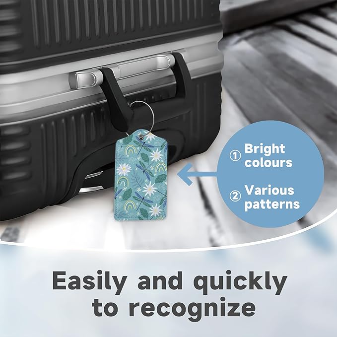 Dragonflies Luggage Tags for Suitcases,2 Pack Rainbows and Flowers Luggage Tag,Leather Stainless Steel Loop Label Tag for Women Men Girls Travel Bag Suitcase
