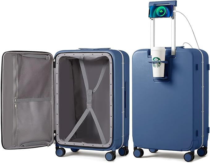 mixi Large Checked Luggage with Cup Phone Holder and Charger Hard Shell Suitcases with Spinner Wheels, 24 Inch Sapphire Blue