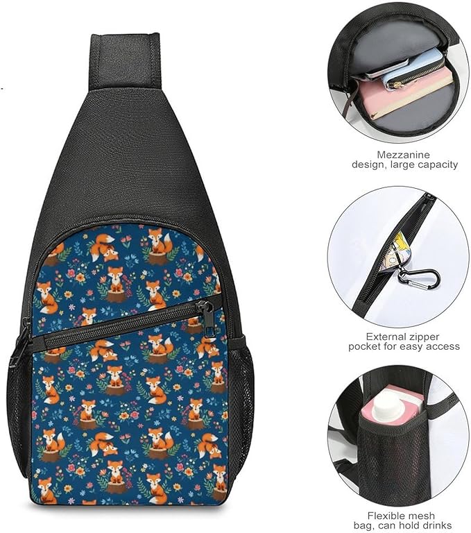 SWEET TANG Women's Cool Chest Bag Gym Sack Fashion Sling Shoulder Backpack Outdoor Sports Daypack Fox Flowers, Multipurpose Adjustable Bag Small Camera Case for Daily Use