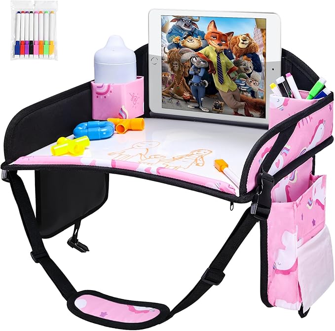 WENRENER 2PCS Kids Travel Tray, Car Seat Tray for kids Travel, Toddler Road Trip Essentials With Drawing Kit, Toddler Lap Desk Organizer for Car, Carseat Table for Airplane