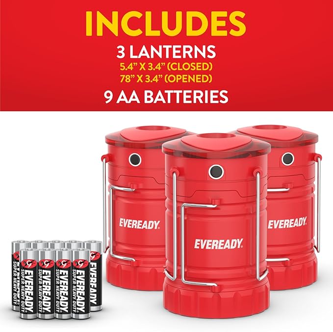 Eveready LED Camping Lantern 360 PRO (3-Pack), Super Bright Tent Lights, IPX4 Water Resistant LED Lanterns for Power Outage Hurricane Preparedness, (Batteries Included)